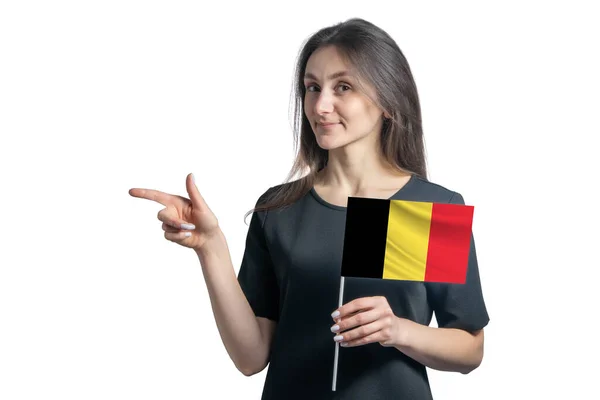 Happy Young White Woman Holding Flag Belgium Points Left Isolated — Stock Photo, Image