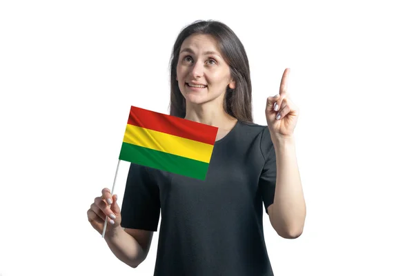 Gelukkige Jonge Blanke Vrouw Met Vlag Van Bolivia Duimen Omhoog — Stockfoto