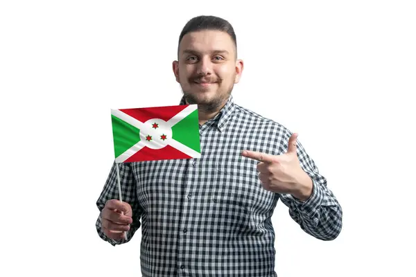 Weißer Mann Mit Einer Flagge Von Burundi Und Zeigt Mit — Stockfoto