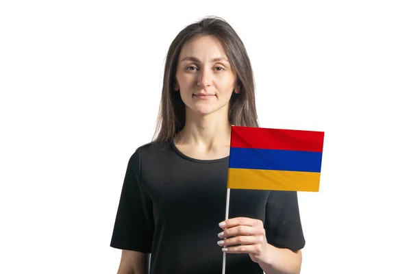 快乐的年轻白人女孩举着亚美尼亚国旗 被白色背景隔离 — 图库照片