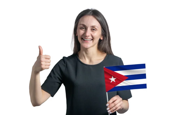 Jovem Mulher Branca Feliz Segurando Bandeira Cuba Mostra Classe Mão — Fotografia de Stock