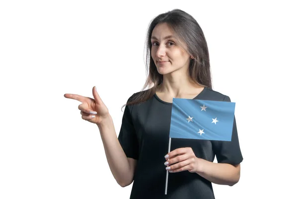 Happy Young White Woman Holding Flag Federated States Micronesia Points — Stock Photo, Image