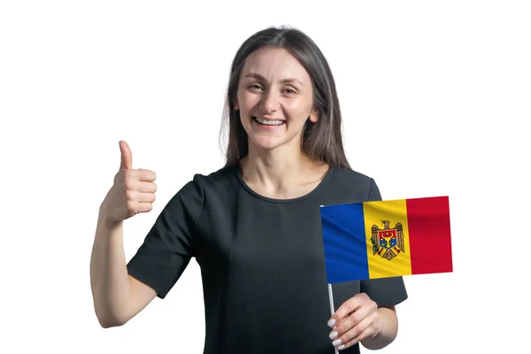 Moldova Nın Bayrağını Tutan Mutlu Beyaz Kadın Beyaz Bir Arka — Stok fotoğraf