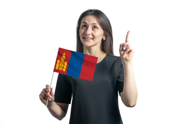 Felice Giovane Donna Bianca Che Tiene Bandiera Della Mongolia Punta — Foto Stock
