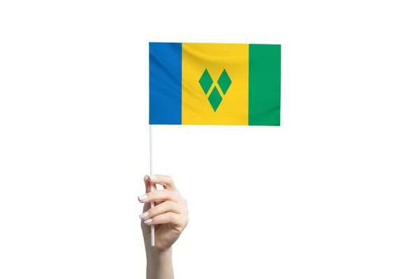 Bela Mão Feminina Segurando Bandeira São Vicente Granadinas Isolada Fundo — Fotografia de Stock