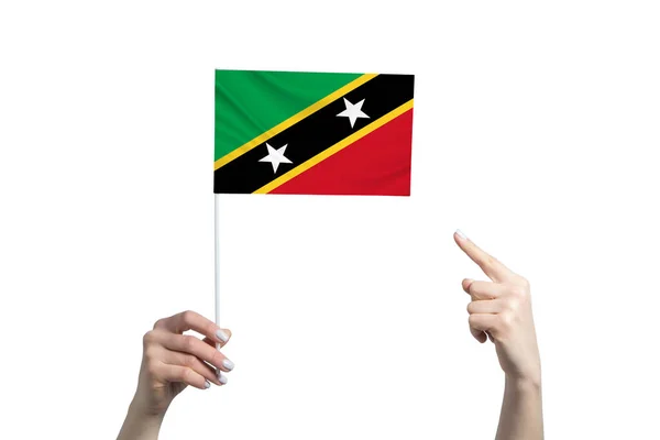 Een Mooie Vrouwelijke Hand Houdt Een Kitts Nevis Vlag Waar — Stockfoto