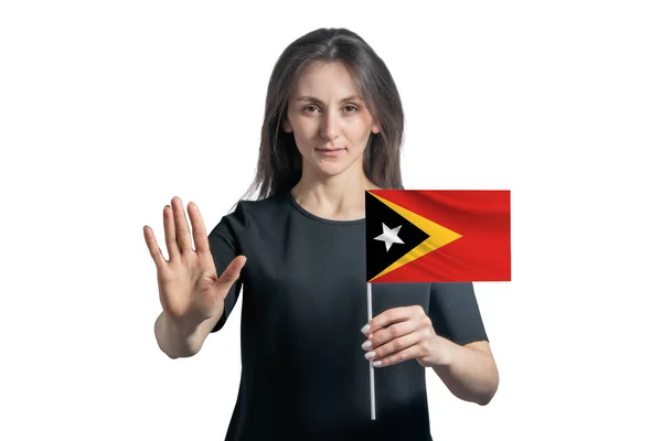 Happy Young White Woman Holding Flag East Timor Serious Face — Stock Photo, Image