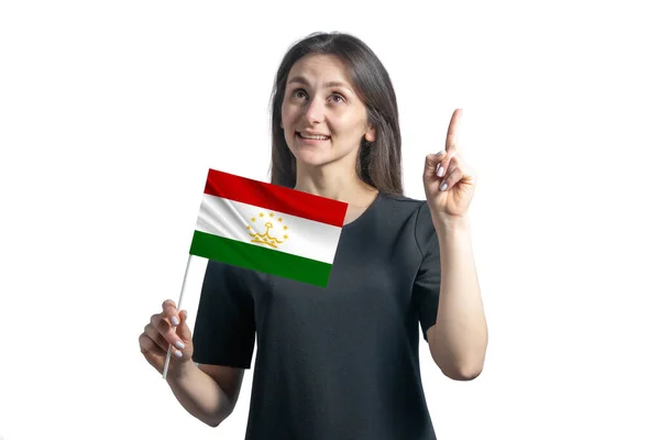 Gelukkige Jonge Blanke Vrouw Met Vlag Van Tadzjikistan Duimen Omhoog — Stockfoto