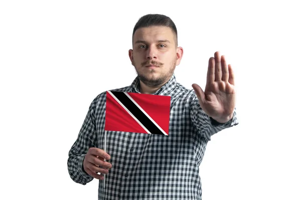 Hombre Blanco Sosteniendo Una Bandera Trinidad Tobago Con Una Cara —  Fotos de Stock