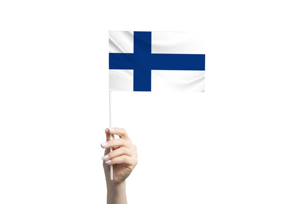 Hermosa Mano Femenina Sosteniendo Bandera Finlandia Aislada Sobre Fondo Blanco —  Fotos de Stock