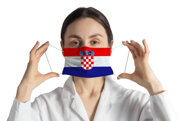 Respirator Flag Croatia Doctor Puts Medical Face Mask Isolated White — Stock Photo, Image