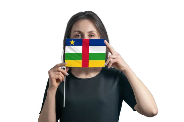 Feliz Joven Blanca Sosteniendo Bandera República Centroafricana Cubre Cara Con — Foto de Stock