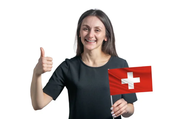 Glad Ung Vit Kvinna Som Håller Flaggan Schweiz Och Visar — Stockfoto