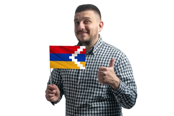 Homem Branco Segurando Uma Bandeira República Nagorno Karabakh Mostra Classe — Fotografia de Stock