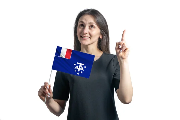 Glückliche Junge Weiße Frau Mit Der Flagge Der Französischen Süd — Stockfoto