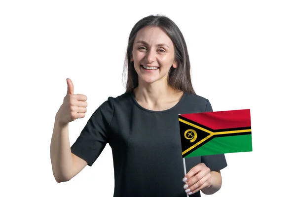 Счастливая Молодая Белая Женщина Флагом Вануату Показывает Класс Вручную Изолированы — стоковое фото