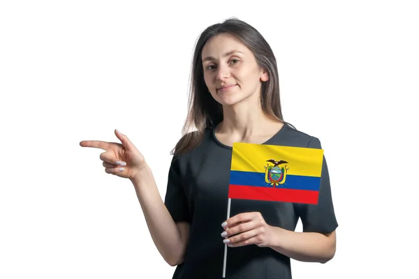 Glad Ung Vit Kvinna Som Håller Flaggan Ecuador Och Pekar — Stockfoto