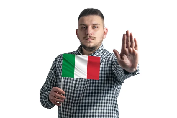 Vit Kille Som Håller Flagga Italien Och Med Ett Allvarligt — Stockfoto