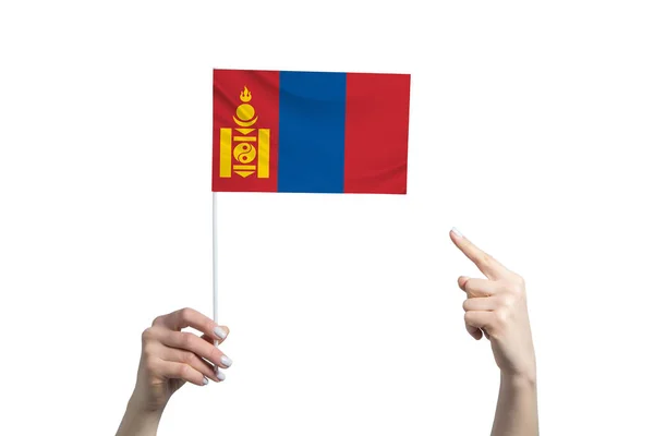 Uma Bela Mão Feminina Segura Uma Bandeira Mongólia Para Qual — Fotografia de Stock