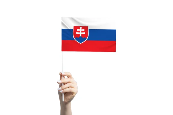 Vacker Kvinnlig Hand Håller Slovakien Flagga Isolerad Vit Bakgrund — Stockfoto