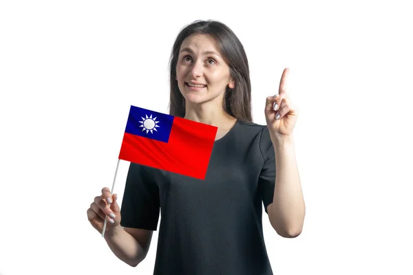 Happy Young White Woman Holding Flag Republic China Points Thumbs — Stock Photo, Image