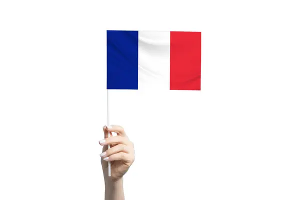 Hermosa Mano Femenina Sosteniendo Bandera Francia Aislada Sobre Fondo Blanco — Foto de Stock