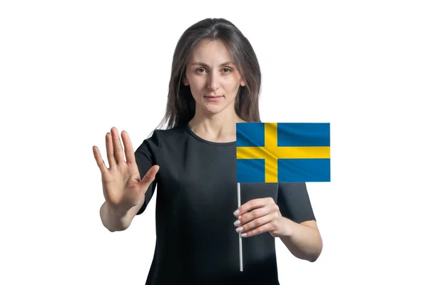 Glad Ung Vit Kvinna Som Håller Flaggan Sverige Och Med — Stockfoto