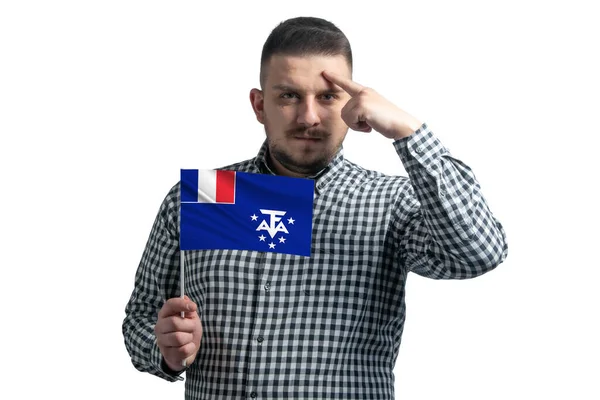 Blanke Man Met Een Vlag Van Franse Zuidelijke Antarctische Gebieden — Stockfoto