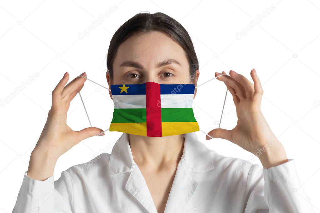 Respirator with flag of Central African Republic Doctor puts on medical face mask isolated on white background.