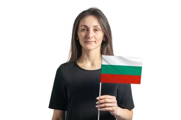 Jovem Menina Branca Feliz Segurando Bandeira Bulgária Isolada Fundo Branco — Fotografia de Stock