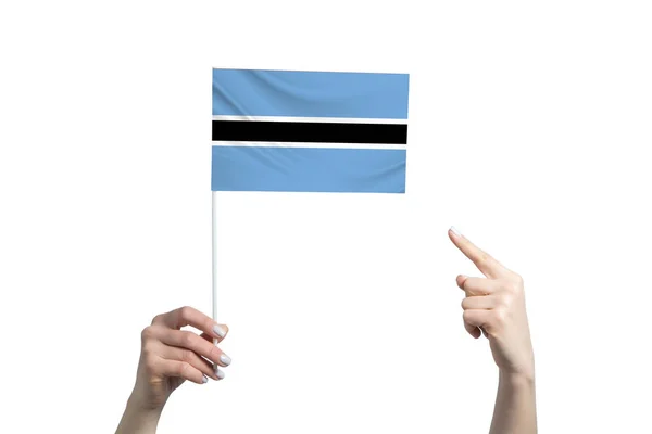Vacker Kvinnlig Hand Håller Botswana Flagga Som Hon Visar Fingret — Stockfoto