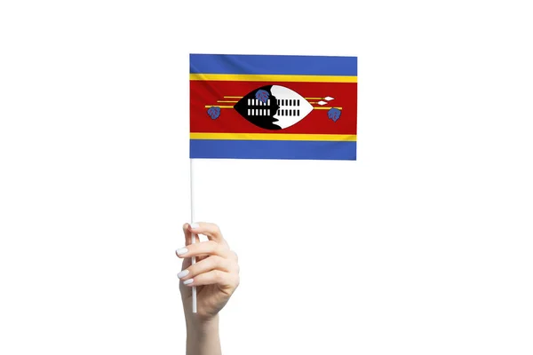 Mooie Vrouwelijke Hand Met Esvatini Vlag Geïsoleerd Witte Achtergrond — Stockfoto