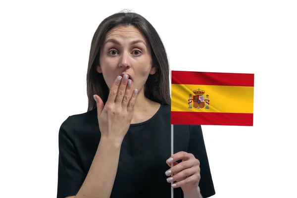 Jovem Mulher Branca Feliz Segurando Bandeira Espanha Cobre Boca Com — Fotografia de Stock