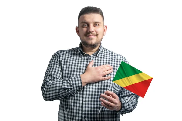 Hombre Blanco Sosteniendo Una Bandera República Del Congo Sostiene Mano — Foto de Stock