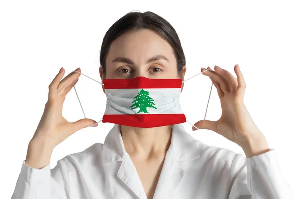 Respirateur Avec Drapeau Liban Docteur Met Sur Masque Médical Isolé — Photo