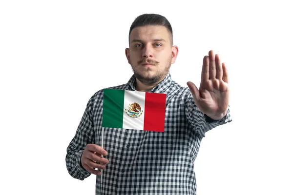 White Guy Holding Flag Mexico Serious Face Shows Hand Stop — Stock Photo, Image