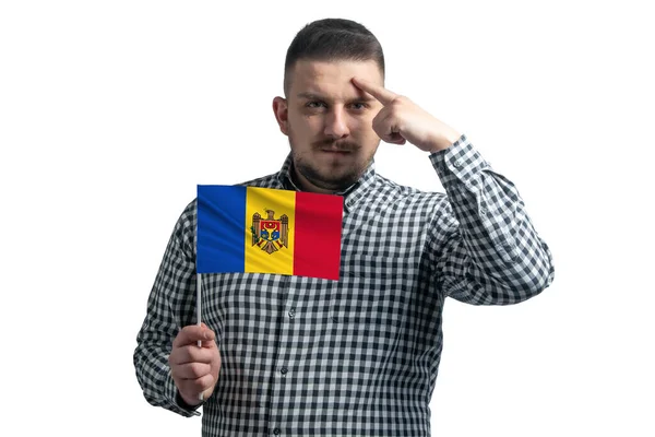 Ragazzo Bianco Che Tiene Una Bandiera Della Moldova Dito Tocca — Foto Stock