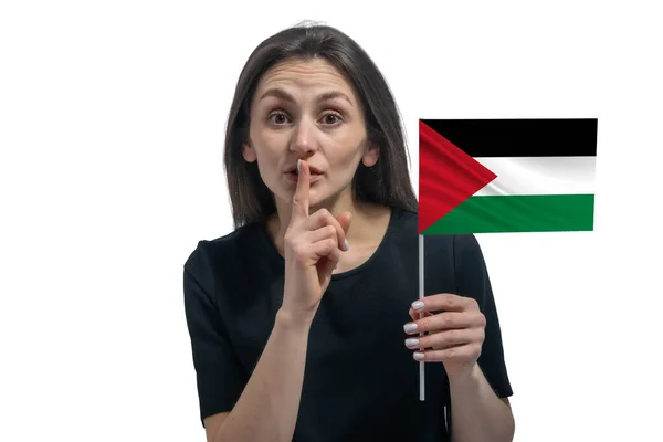 Jovem Mulher Branca Feliz Segurando Bandeira Estado Palestino Segura Dedo — Fotografia de Stock