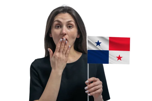 Gelukkig Jong Wit Vrouw Met Vlag Van Panama Bedekt Haar — Stockfoto