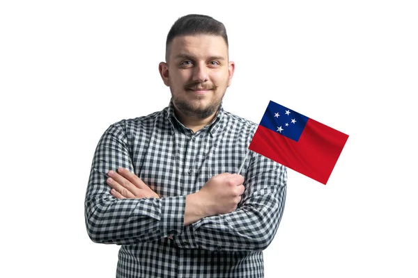 White Guy Holding Flag Samoa Smiling Confident Crossed Arms Isolated — Stock Photo, Image