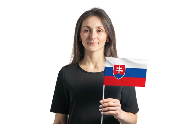 快乐的年轻白人女孩举着斯洛伐克国旗 被白色背景隔离 — 图库照片
