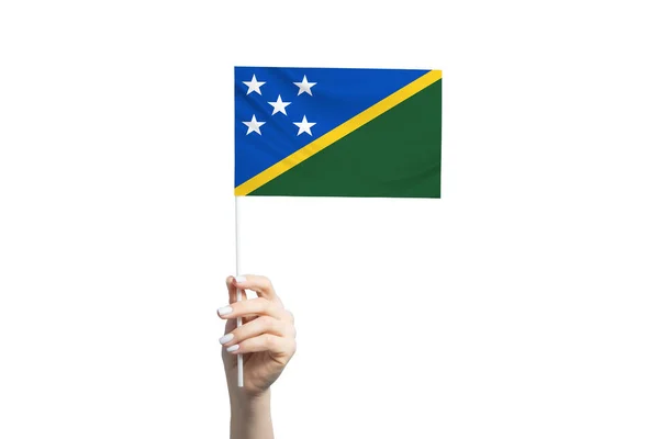 Bela Mão Feminina Segurando Bandeira Das Ilhas Salomão Isolada Fundo — Fotografia de Stock