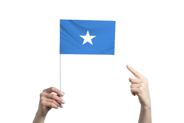 Una Hermosa Mano Femenina Sostiene Una Bandera Somalia Que Muestra — Foto de Stock