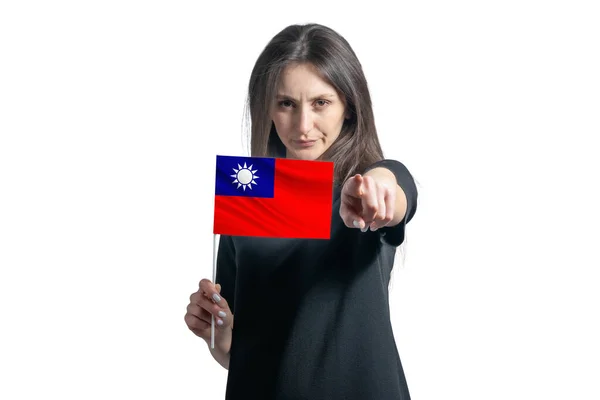 Happy Young White Woman Holding Flag Republic China Points Forward — Stock Photo, Image