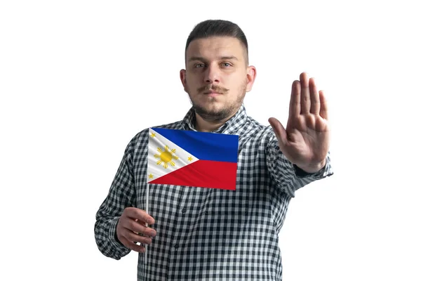 Orang Kulit Putih Memegang Bendera Filipina Dan Dengan Wajah Serius — Stok Foto