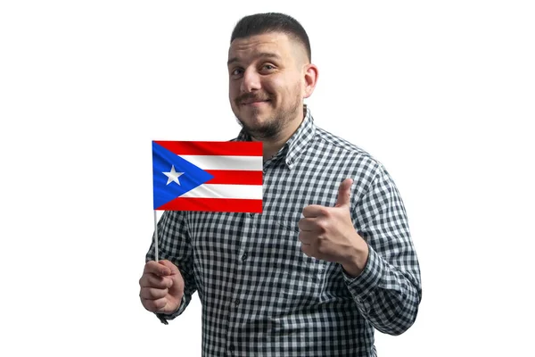 Vit Kille Som Håller Flagga Puerto Rico Och Visar Klassen — Stockfoto