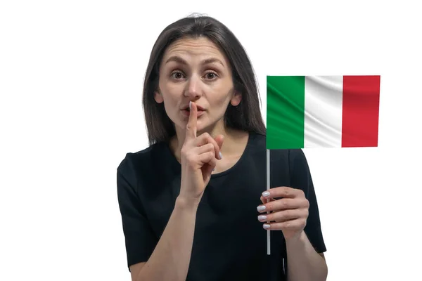 Happy Young White Woman Holding Flag Italy Holds Finger Her — 图库照片