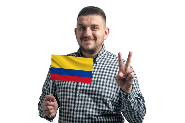 Branco Segurando Uma Bandeira Colômbia Mostra Dois Dedos Isolados Fundo — Fotografia de Stock