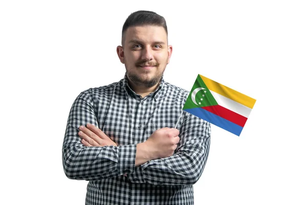 White Guy Holding Flag Comoros Smiling Confident Crossed Arms Isolated — Stock Photo, Image