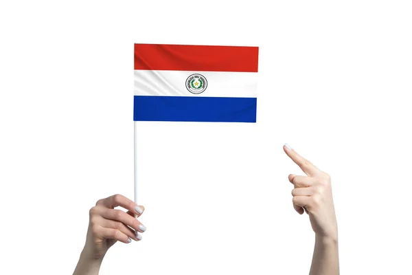 Beautiful Female Hand Holds Paraguay Flag Which She Shows Finger — Stock Photo, Image